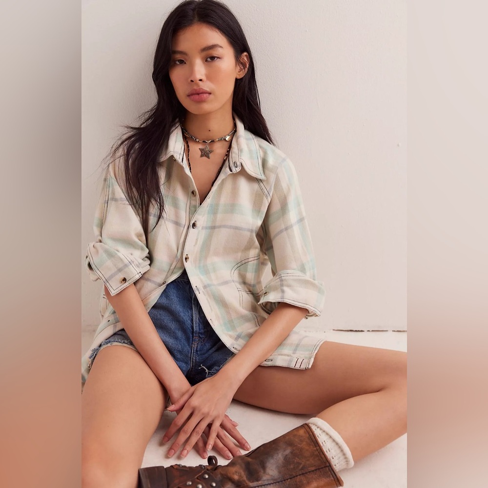 Free People We The Free “Girl Meets Boy” Plaid Shirt – Tea Combo (Size S)